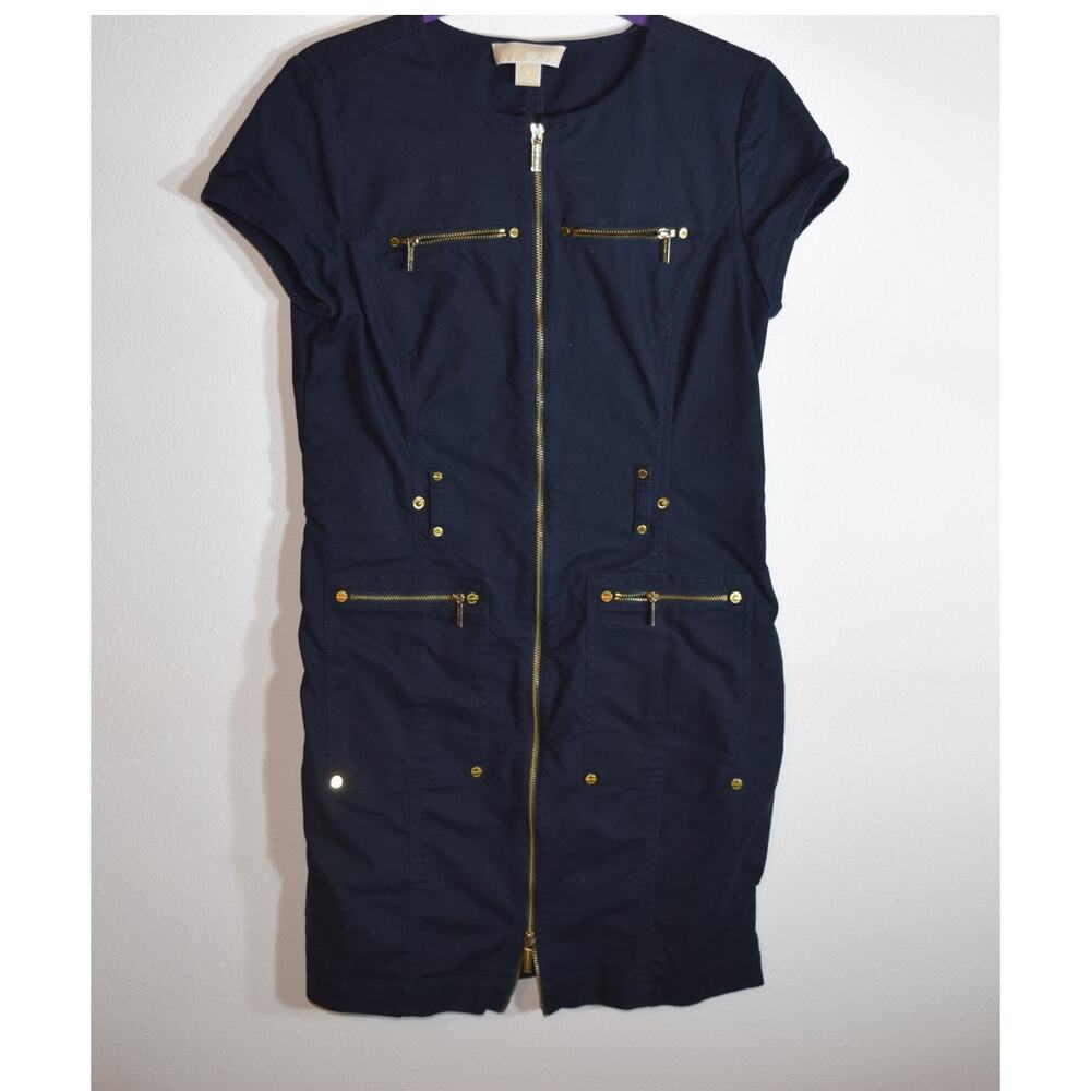 Michael Michael Kors Navy Zip Front Sheath Dress Gold Hardware Cap Sleeve 8